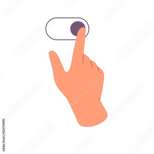 Person flicks right on touchscreen. Tutor of hand gesture for touch screen interface for swipe, slide, switch on or off. Sensor control direction. Flat isolated vector illustration on white background