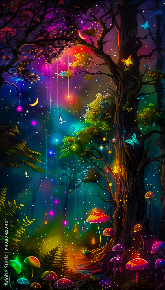 Neon fairy tale forest with luminous flowers, mystery path in dark magical woods, glowing plants and lights in wonderland. Concept of fantasy night, beauty, nature, landscape, art. Generative ai