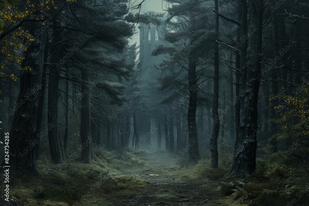 Fototapeta premium Enchanting Black tower forest. Nature travel wall. Generate Ai