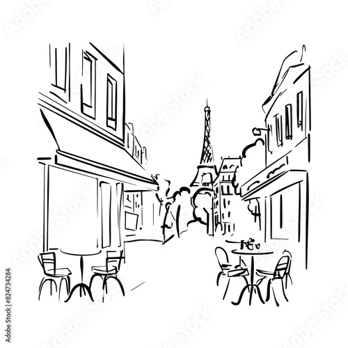 Street cafe in old town vector illustration without people. French Street Cafe doodle sketch 