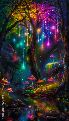 Neon fairy tale forest with luminous flowers, mystery path in dark magical woods, glowing plants and lights in wonderland. Concept of fantasy night, beauty, nature, landscape, art. Generative ai © AI.MAGINARIUM