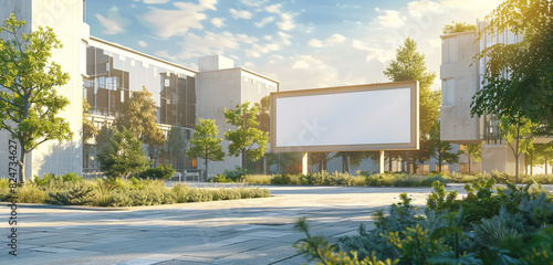 Realistic 3D render of a university campus with a blank billboard, perfect for educational ads, highlighted with a light border.