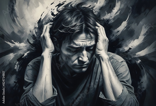 Anxiety Disorder: A person at the center, with a distressed expression, holding their head with both hands, A chaotic, dark, swirling backdrop, Dark, looming figures or abstract shapes around the per photo