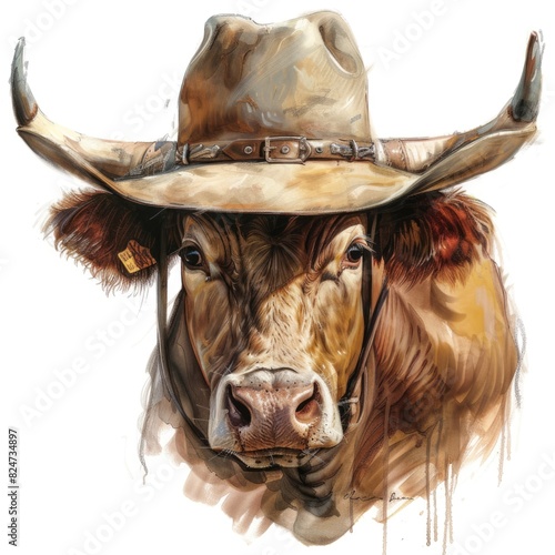 Western Style Bull Cow Head in Cowboy Hat, White Background
 photo
