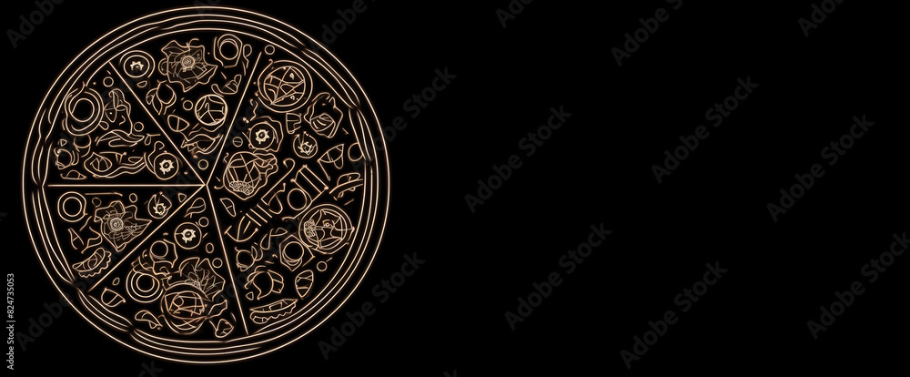 Pizza sliced, graphic contour illustration on a dark black background, isolate. AI generated.