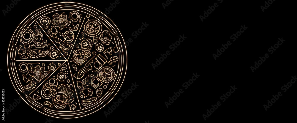 Pizza sliced, graphic contour illustration on a dark black background, isolate. AI generated. Pizza sliced, graphic contour illustration on a dark black background, isolate. AI generated.