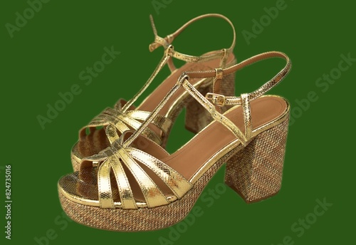 gold women's sandals with platform and heels on a green background