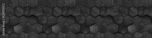 Abstract geometric concrete hexagon background banner illustration 3d - black hexagonal 3d shape texture wall, seamless pattern