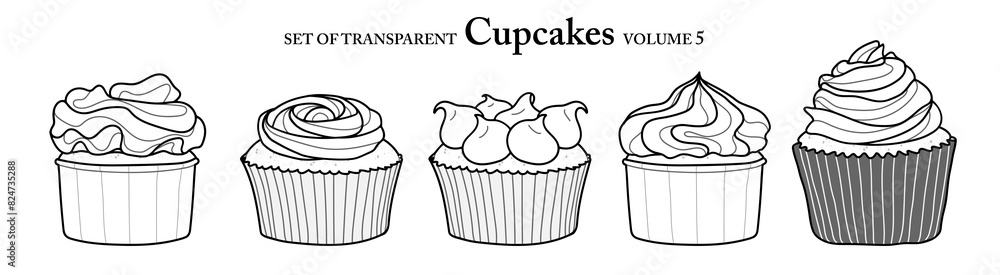 Cupcakes in black outline and white plane on transparent background. Set of isolated dessert illustration in hand drawn style. Food elements for coloring book, sticker or design. Volume 5.