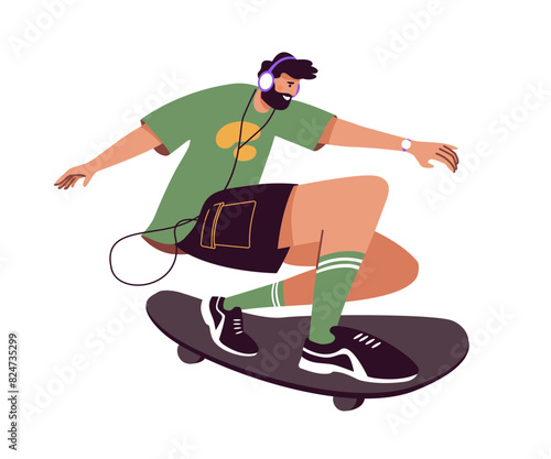 Bearded skater rides fast on board. Happy man skating on longboard and listens to music with headphones. Person does sports tricks, stunts with skateboard. Flat isolated vector illustration on white