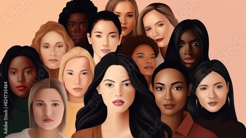 International women day. Diverse female portraits of different nationalities and cultures isolated from the background. The concept of the womens empowerment movement.
