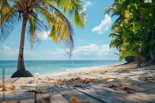 Wooden deck with palm trees and beach background stock photo