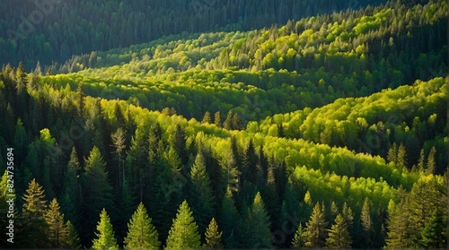 Scenic view of a green pine forest. Hills covered in evergreen trees. Beautiful taiga wood nature aerial photography wallpaper illustration.