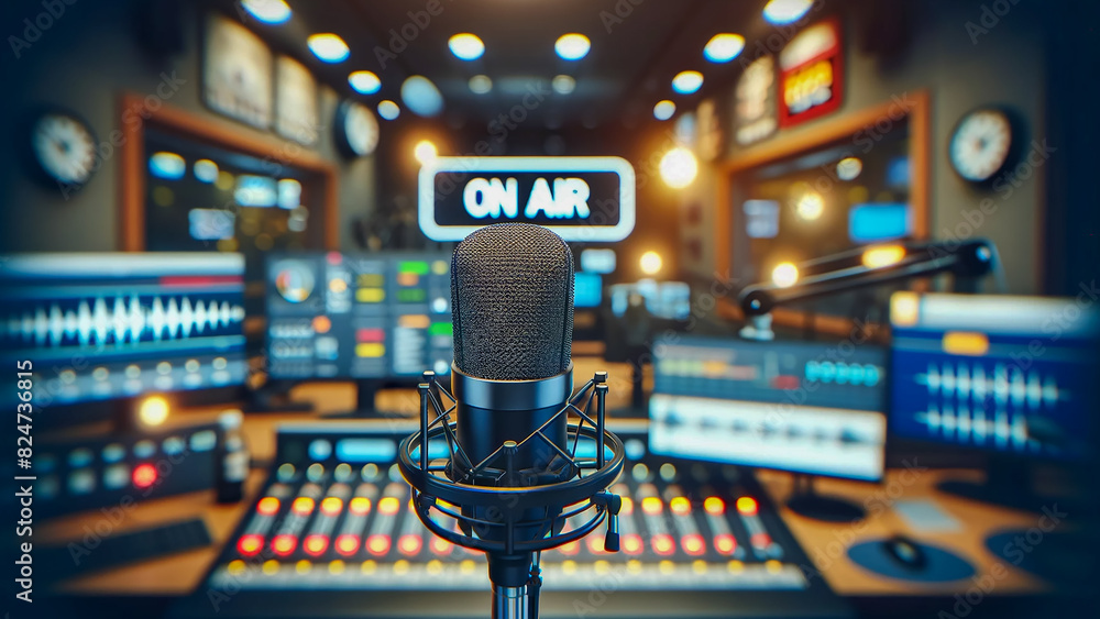 professional microphone set against the vibrant backdrop of a radio station studio professional microphone set against the vibrant backdrop of a radio station studio