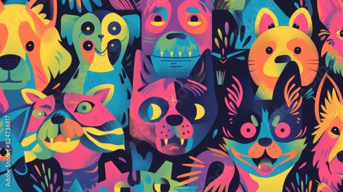 Whimsical seamless pattern of cartoon dogs and cats with exaggerated features and vibrant hues for a quirky book cover 