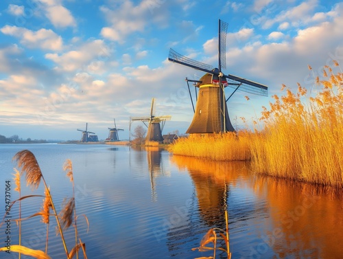 Picturesque windmills reflecting in a calm river during sunset, surrounded by golden reeds and a vibrant sky.