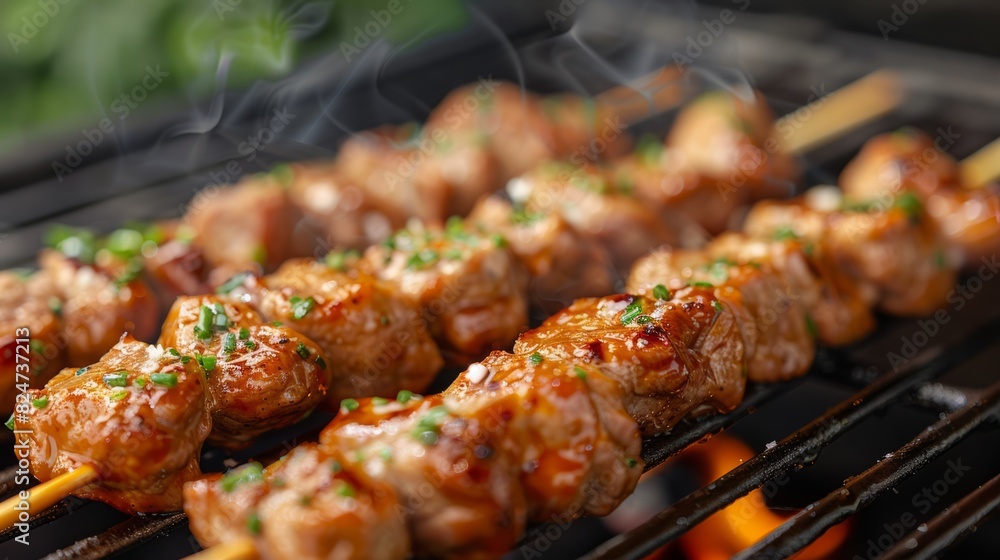 Grilled meat skewers, marinated meat, perfectly charred and caramelized on skewers Grilled meat skewers, marinated meat, perfectly charred and caramelized on skewers