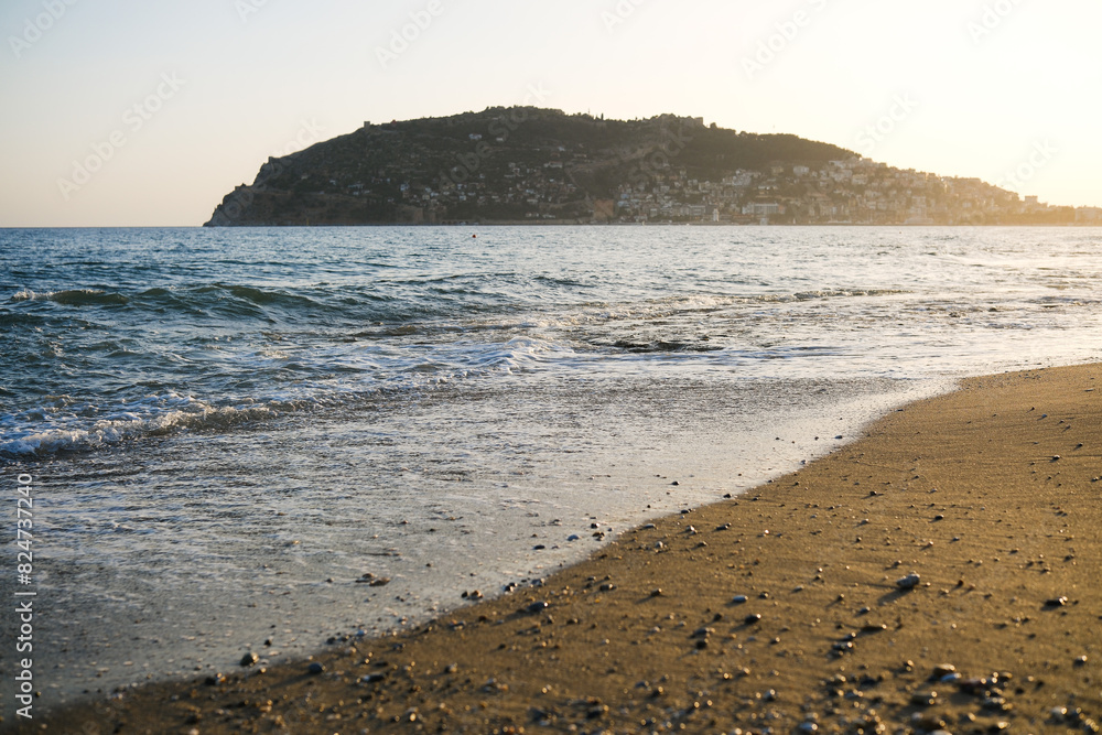 Mediterranean seaside coast with nobody in sunny evening.