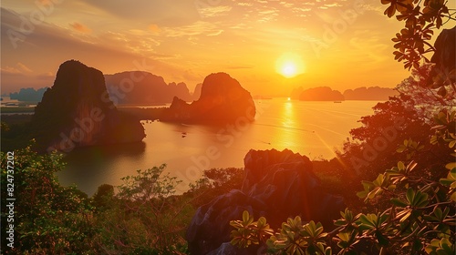 Samet Nangshe Islands are one of the most beautiful sunrise view points in Phang Nga Province. In Thailand, the beautiful image of the sun rising from behind the valley. photo