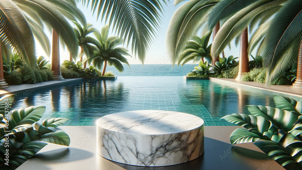 Fototapeta premium marble podium stand elegantly placed in the clear, shimmering waters of a swimming pool