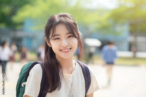 Smiling Asian student in the school playground. Topics related to education. University open house. School door. Back to school. School holidays. China. Japan. Asia.