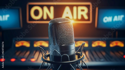professional microphone set against the vibrant backdrop of a radio station studio