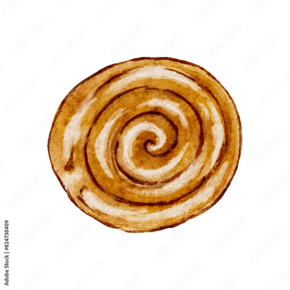 Watercolor cinnamon bun, swirl pastry desert, bakery snack vector cut out from background Watercolor cinnamon bun, swirl pastry desert, bakery snack vector cut out from background