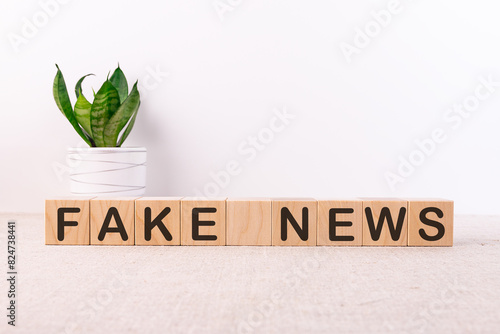 Word Fake News is written on wooden cubes blocks on a light table with a flower and a light background. photo