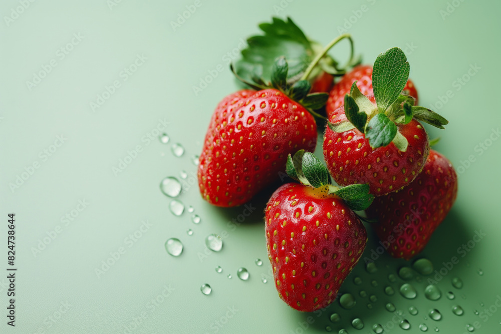 Close-up of ripe strawberries with vibrant green leaves and fresh water droplets on a soft green background, highlighting the fruit's texture and natural freshness Close-up of ripe strawberries with vibrant green leaves and fresh water droplets on a soft green background, highlighting the fruit's texture and natural freshness
