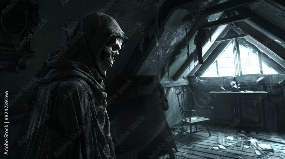 Grim Reaper in Dark Abandoned Room

