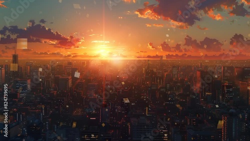 From the apartment rooftop, the golden rays of the setting sun reflect colorfully on the skyscraper windows, creating a dramatic view. seamless looping time-lapse animation video background photo