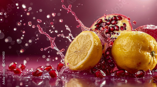 lemon and pomegranate with juice splash on purple background.