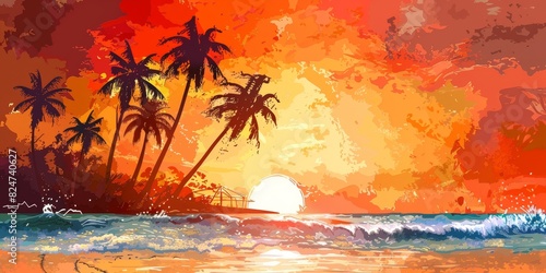 A colorful painting of a sunset with palm trees and a body of water generated by AI