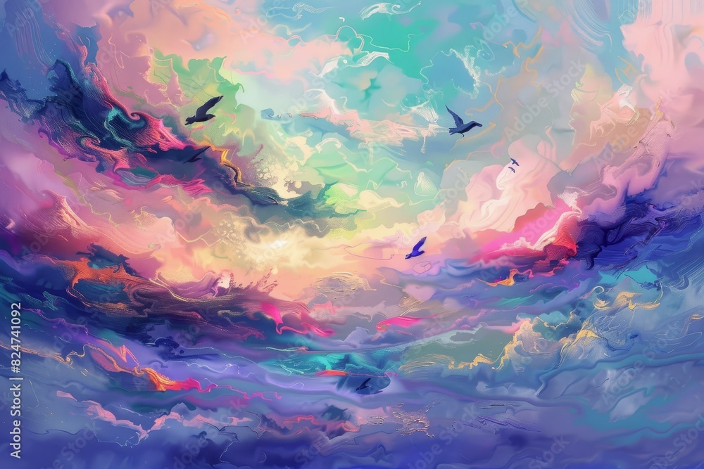 A colorful sky with a few birds flying in it generated by AI