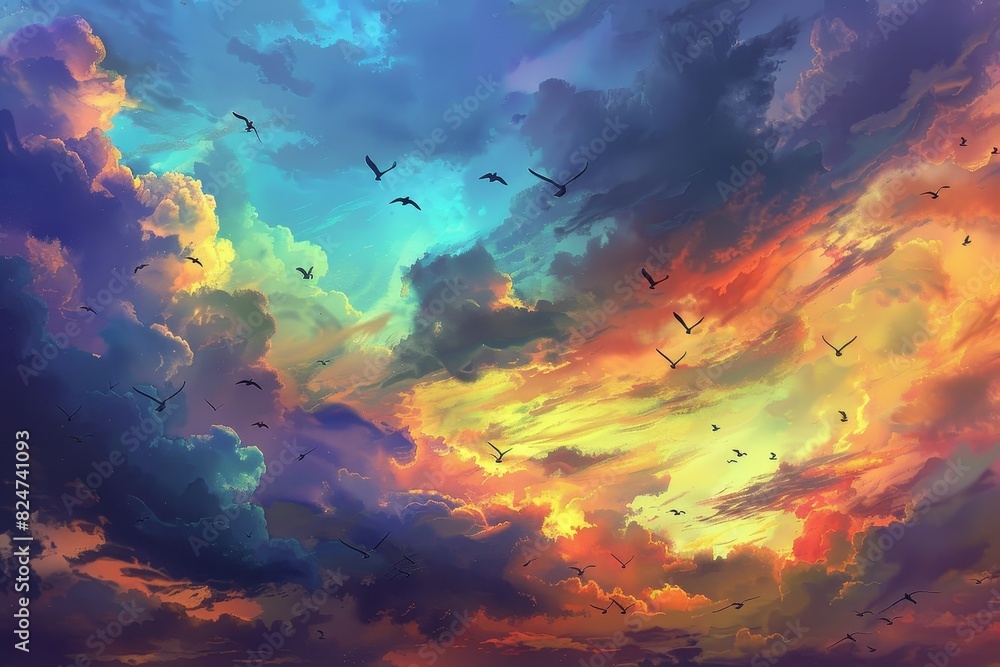 A colorful sky with a few birds flying in it generated by AI