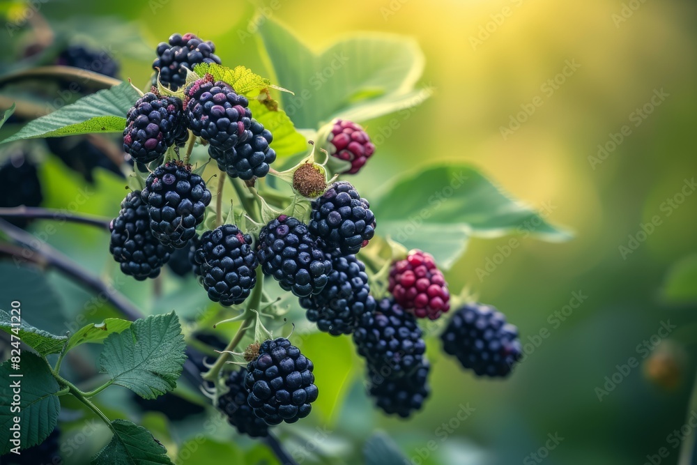 Cluster of organic blackberries ripening on the bush with a warm, sunlit backdrop Cluster of organic blackberries ripening on the bush with a warm, sunlit backdrop