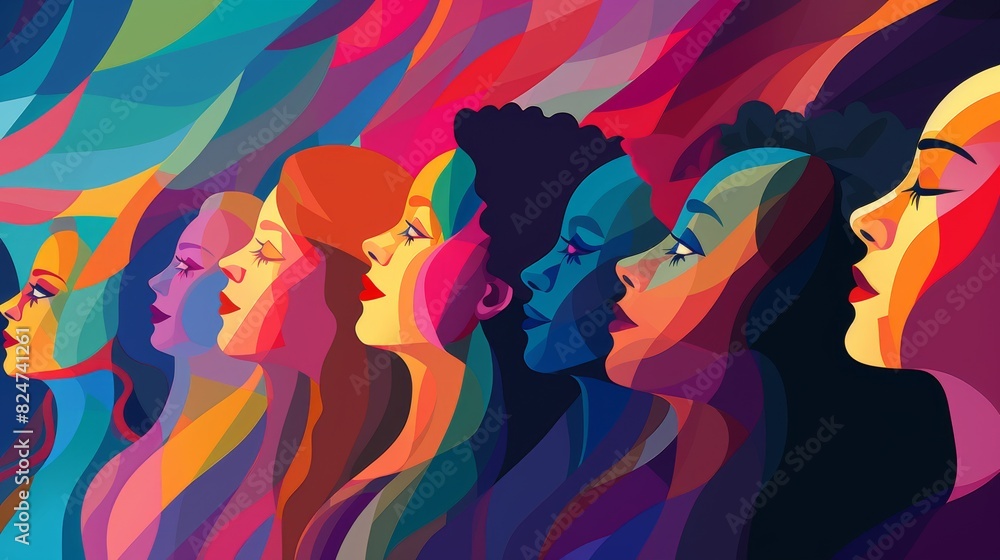International Womens Day banner concept. Vector modern flat illustration of a silhouette of a female portrait in profile against a background of a pattern of diverse female figures