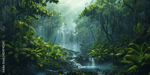 A painting of a jungle with a river running through it generated by AI photo