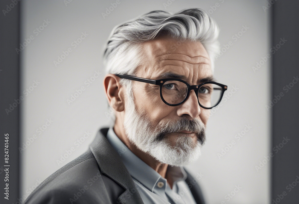 Portrait of handsome mature man with grey hair and beard wearing eyeglasses, isolated white background Portrait of handsome mature man with grey hair and beard wearing eyeglasses, isolated white background