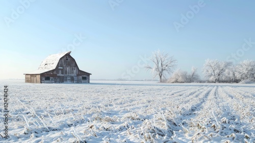 Winter Barn Scene: Idyllic Field Under Clear Sky  © Didikidiw61447