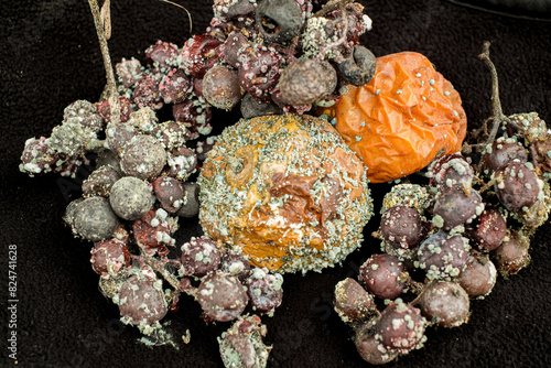 Rotten apple and grapes with mold, closeup view