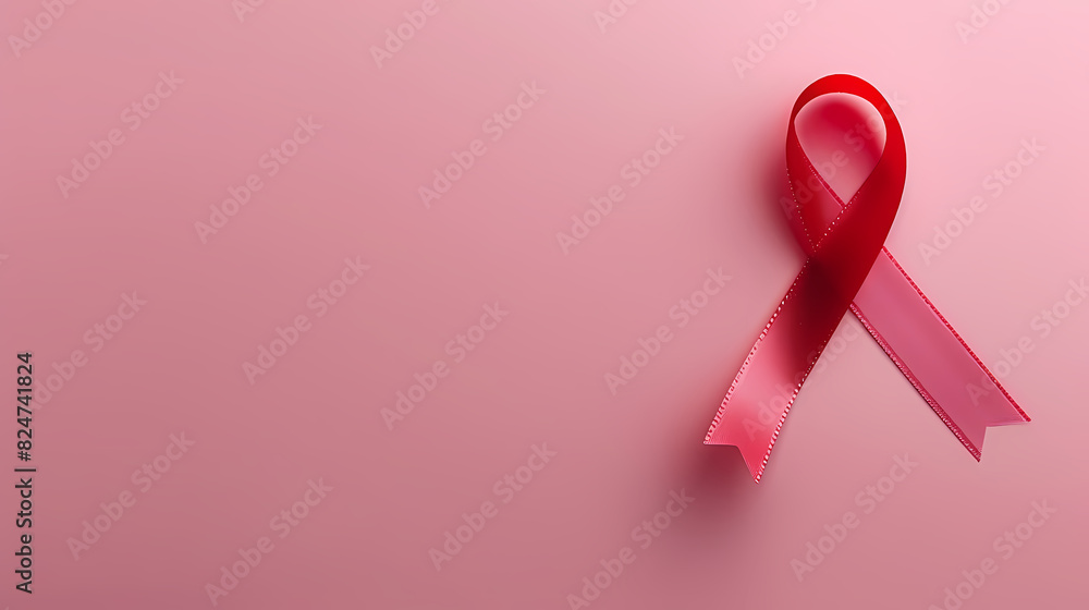 Cancer awareness red ribbon on pink background Cancer awareness red ribbon on pink background