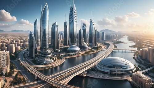 A futuristic city with sleek skycrapers and technology 