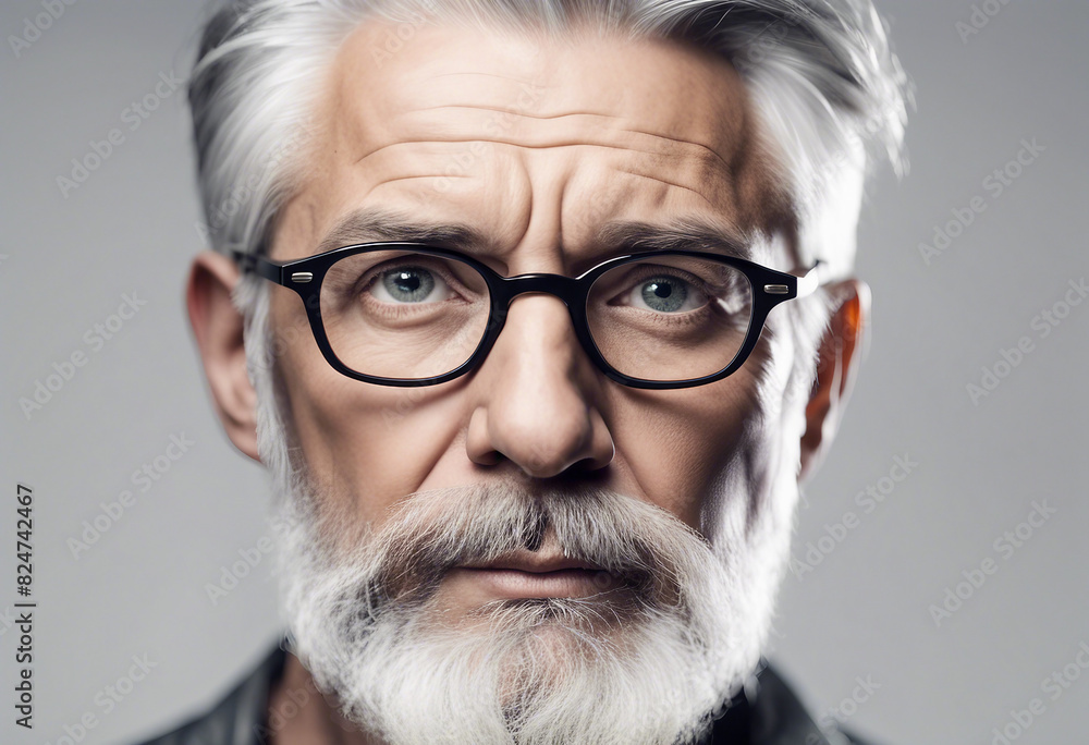 Portrait of handsome mature man with grey hair and beard wearing eyeglasses, isolated white background Portrait of handsome mature man with grey hair and beard wearing eyeglasses, isolated white background