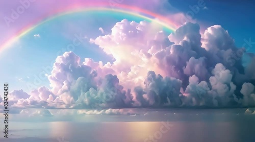 clouds with a rainbow. Holographic fantasy unicorn background with clouds. Pastel color sky. Magical landscape sea, abstract fabulous pattern. Cute cotton candy fantasy in the sky