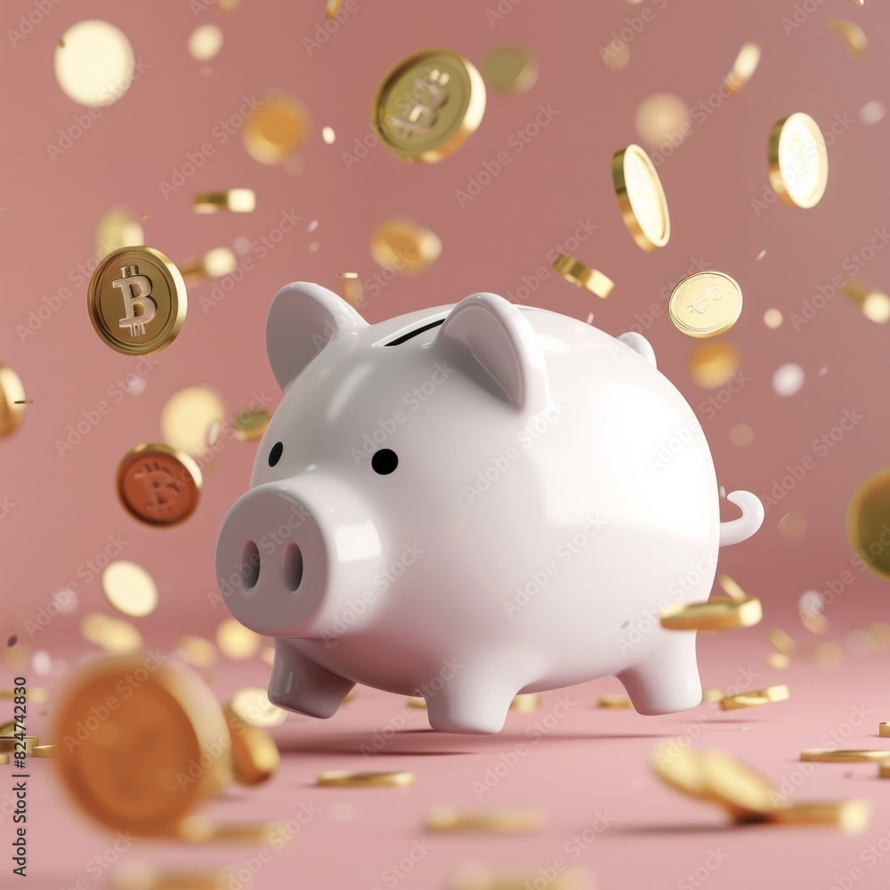 3D Cartoon Piggy Bank with Coins Floating Around A magical 3D white piggy bank with coins floating around it in mid-air, AI Generative 3D Cartoon Piggy Bank with Coins Floating Around A magical 3D white piggy bank with coins floating around it in mid-air, AI Generative