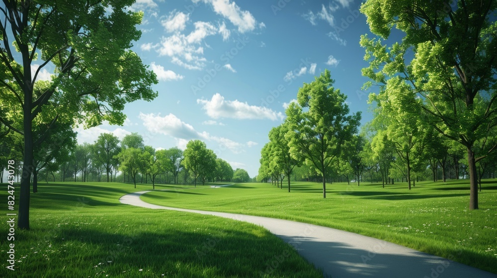 Fototapeta premium curving pathway in a park, vibrant green grass on either side.