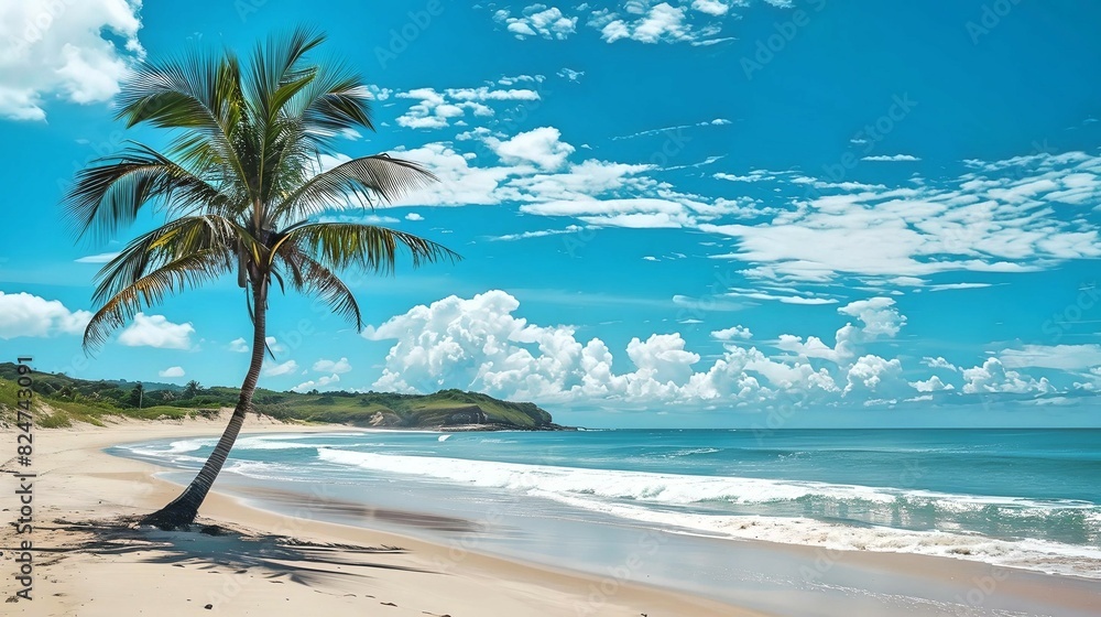 A picturesque tropical beach featuring a palm tree, clear blue sky, and gentle ocean waves, epitomizing a paradise escape.
