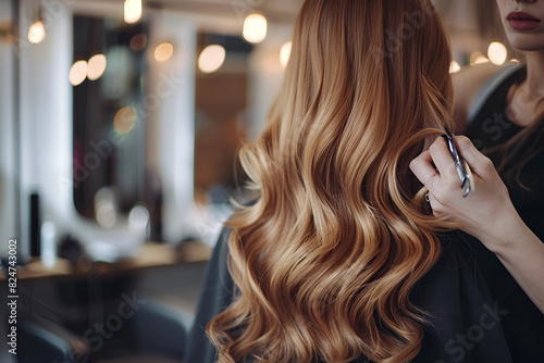 Hairdresser creating beautiful hairstyle for stylish young woman with long hairs at modern luxury hairdressing salon