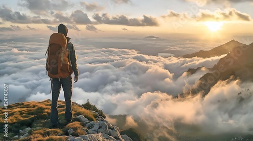 A hiker stands on a mountain peak above the clouds, witnessing a stunning sunrise, symbolizing adventure and achievement.
 photo